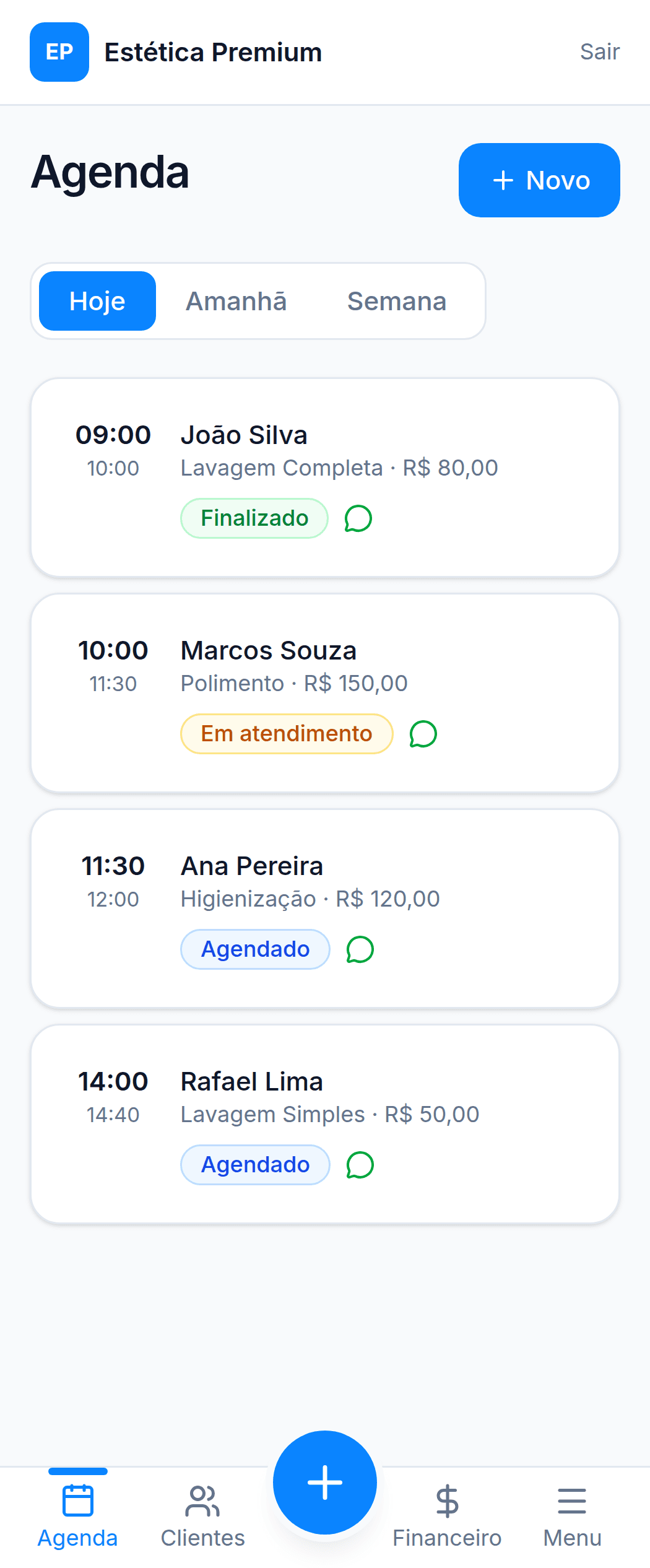 Tela da agenda do dono no app da Carvi